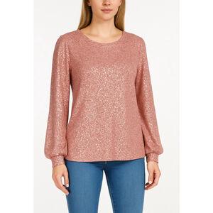 JohnPaulRichard Long Sleeve Heathered Pink Rose Gold Embellished Top Size L NWT